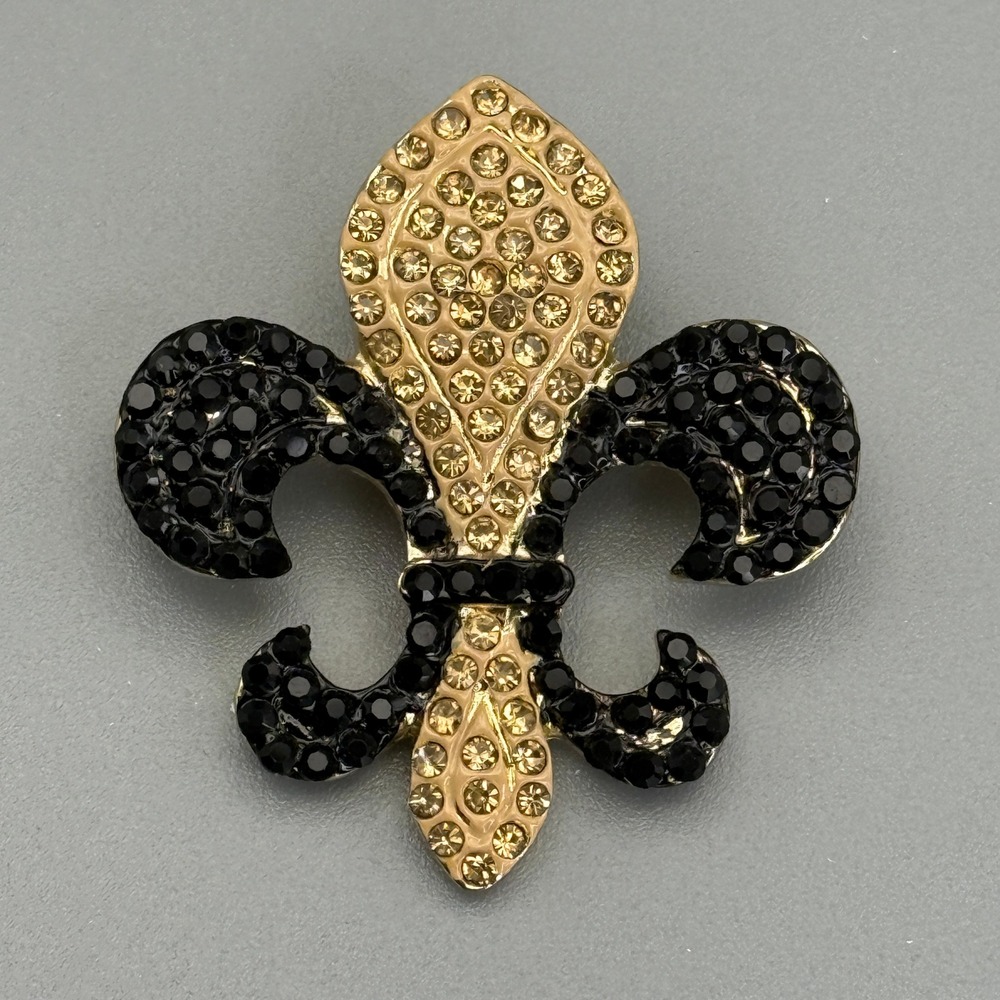 Fleur de Lis Costume Brooch Pendant Black Gold Tone Rhinestone Safety Clasp Pin